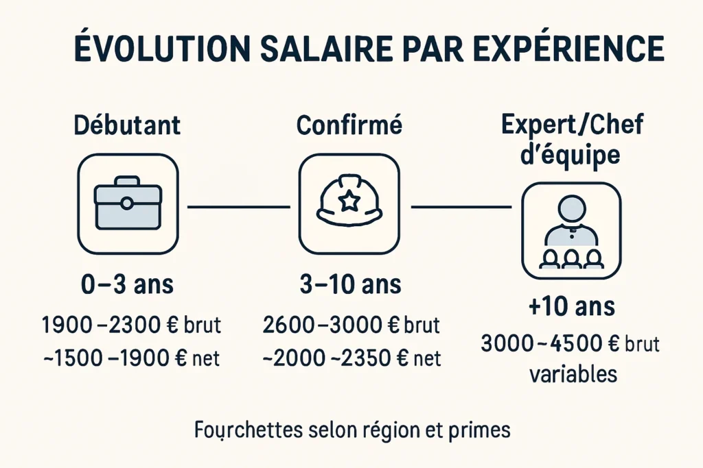Timeline des salaires débutant, confirmé et chef d’équipe