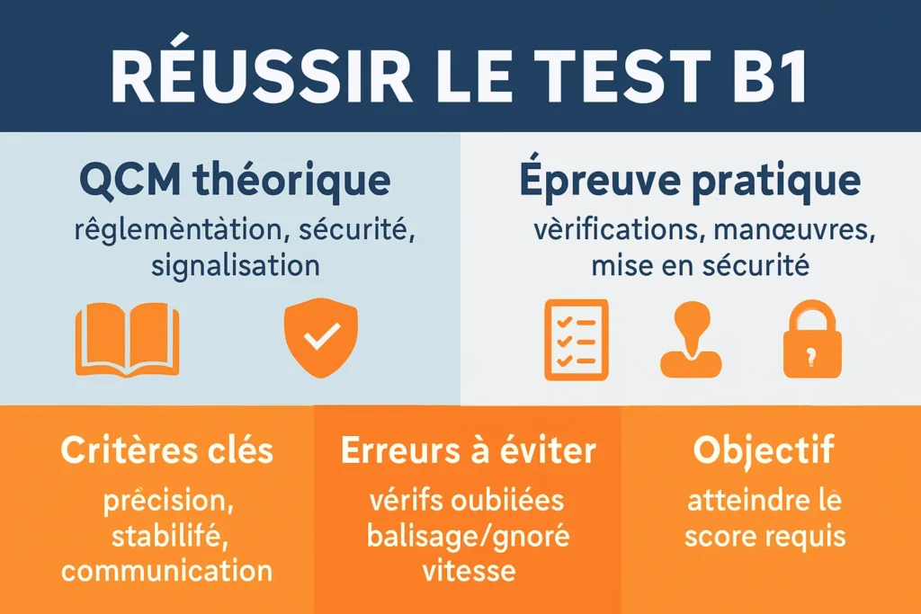 Schéma des épreuves du test CACES B1 et critères clés