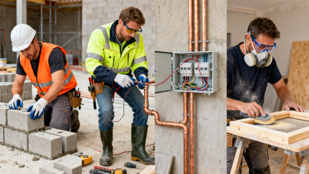 Ouvriers de gros œuvre, électricien et menuisier sur chantier