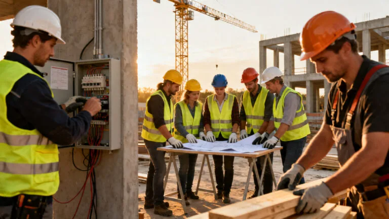 Équipe sur chantier illustrant plusieurs métiers du bâtiment en action