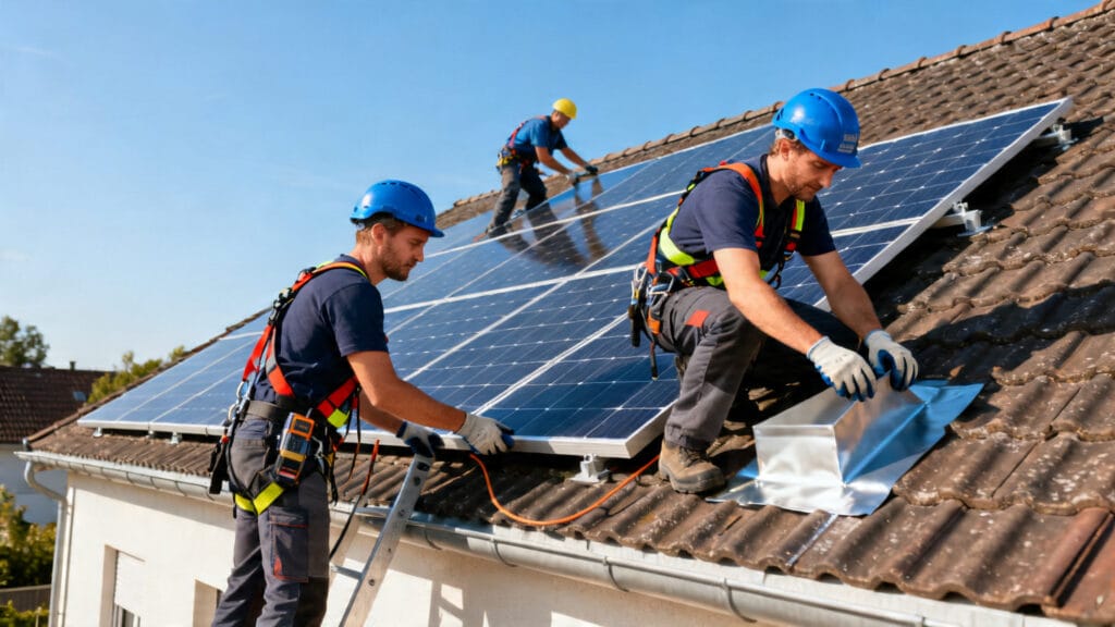 Techniciens photovoltaïque et couvreur sur toit en sécurité