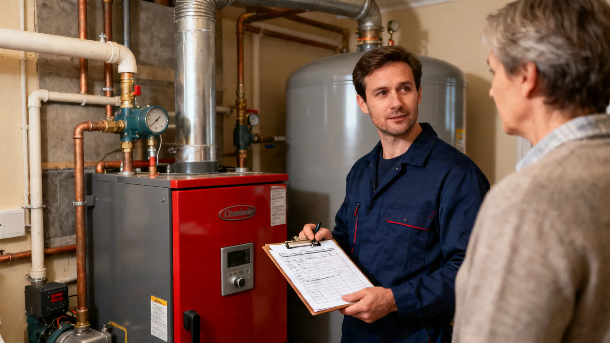 Technicien fioul et client discutant du label qualifioul