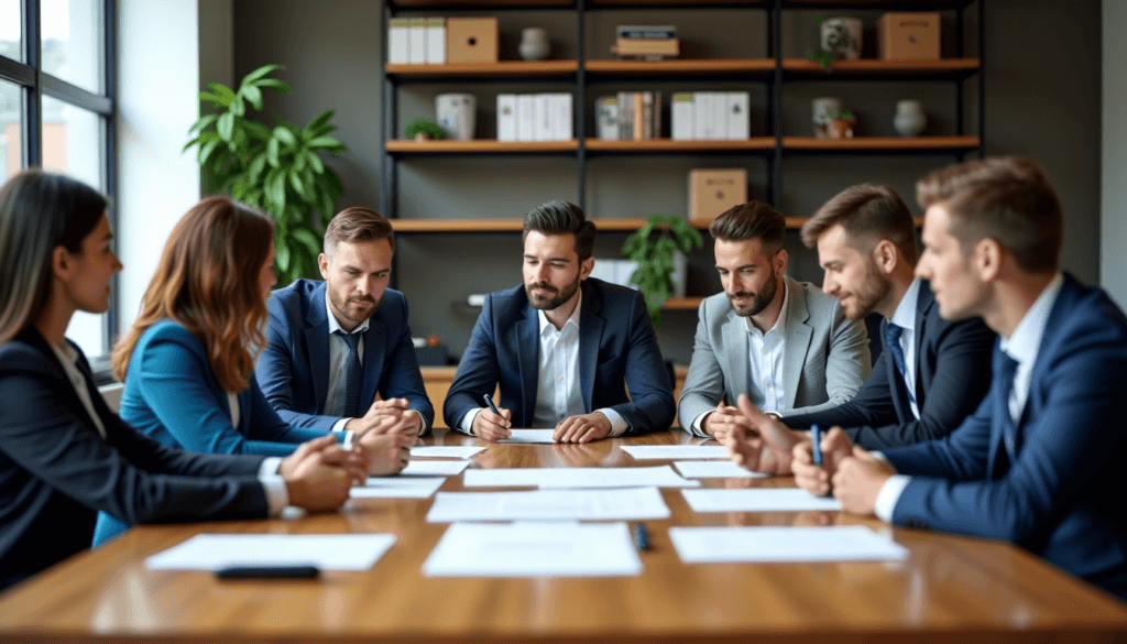 Groupe de professionnels en réunion autour d'une table avec des documents