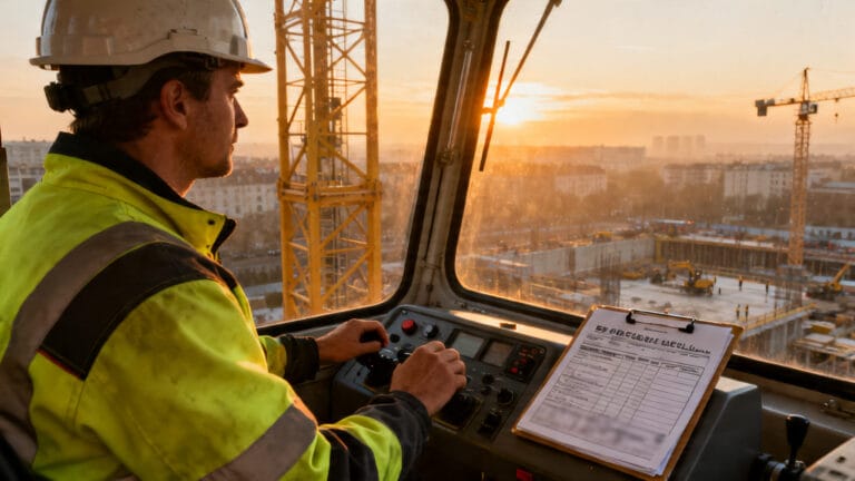 Grutier en cabine avec vue chantier et salaire d'un grutier en contexte
