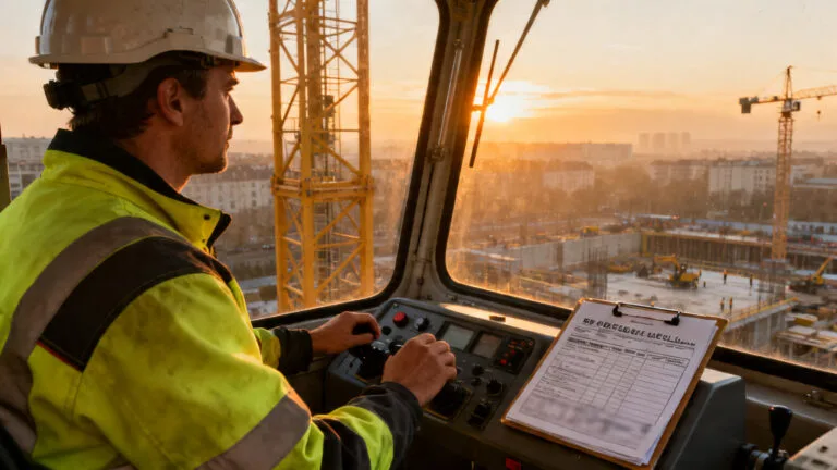 Grutier en cabine avec vue chantier et salaire d'un grutier en contexte