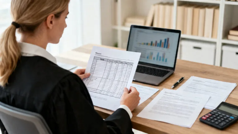Juriste comparant des grilles sur le salaire des juristes au bureau