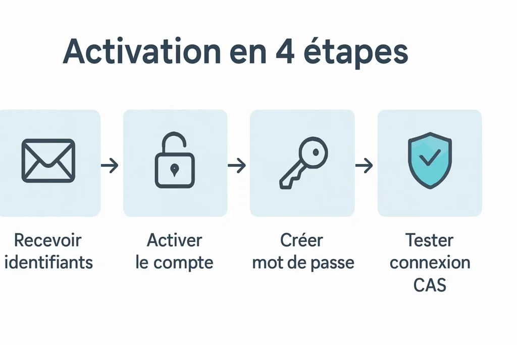 Schéma d’activation UBx : identifiants, activation, mot de passe, test CAS