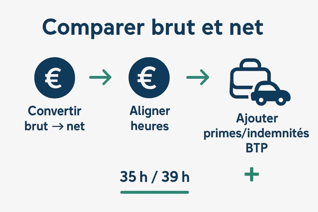 Étapes pour brut, net et taux horaire menuisier