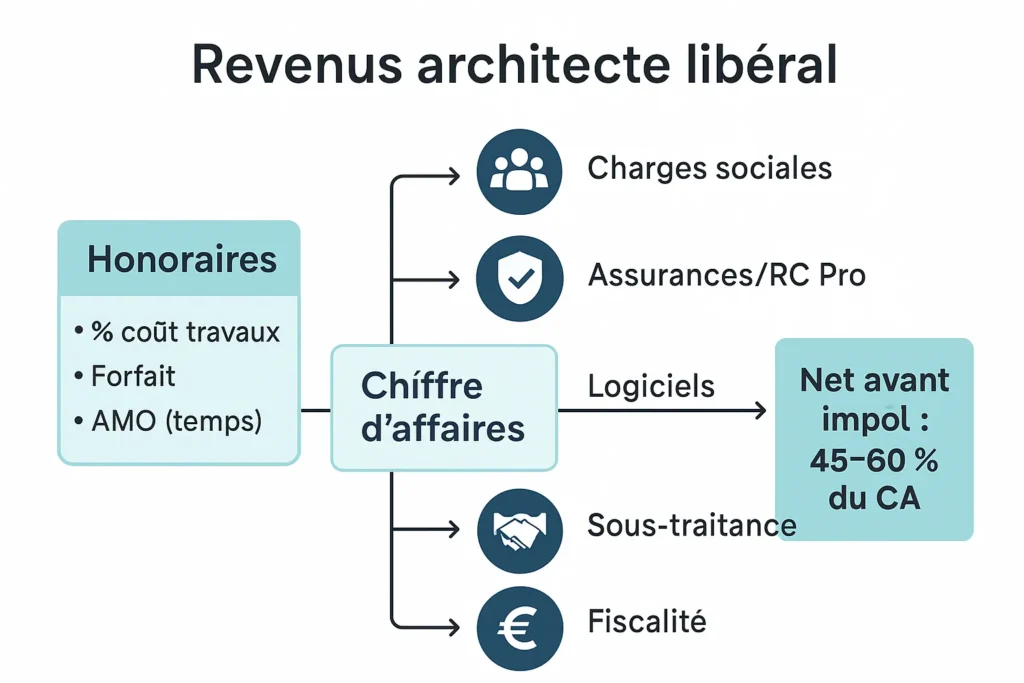 Schéma des honoraires et charges d’un architecte libéral