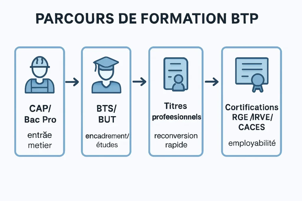 Schéma des parcours de formation et certifications BTP
