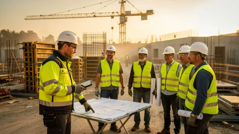 Chef d'équipe BTP briefant son équipe sur chantier