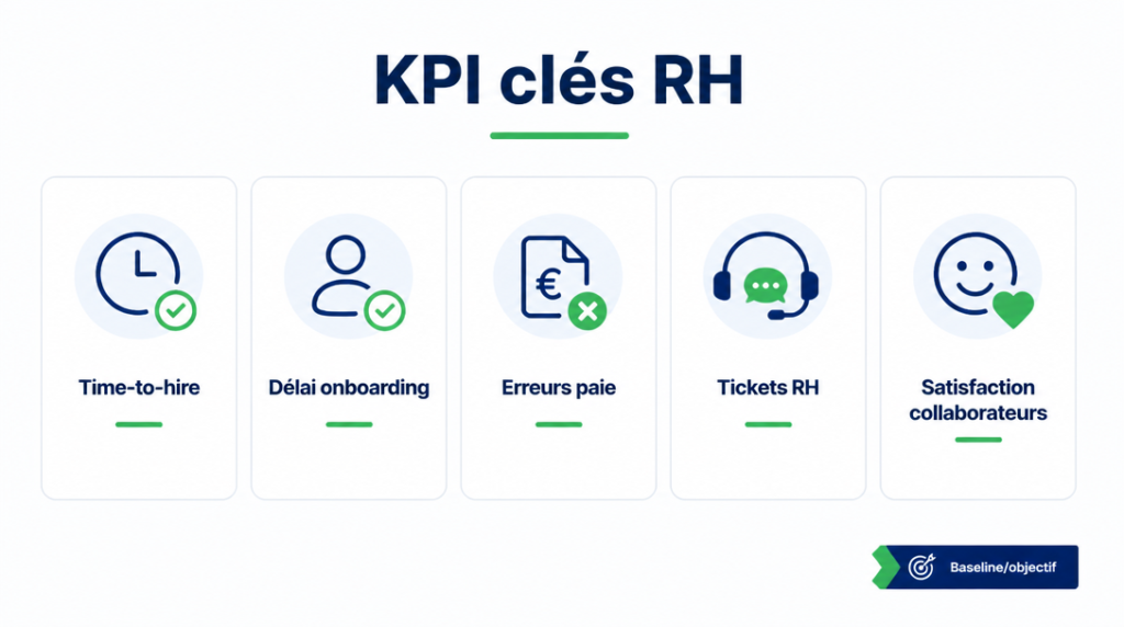 Tableau de bord KPI time-to-hire, onboarding et erreurs de paie