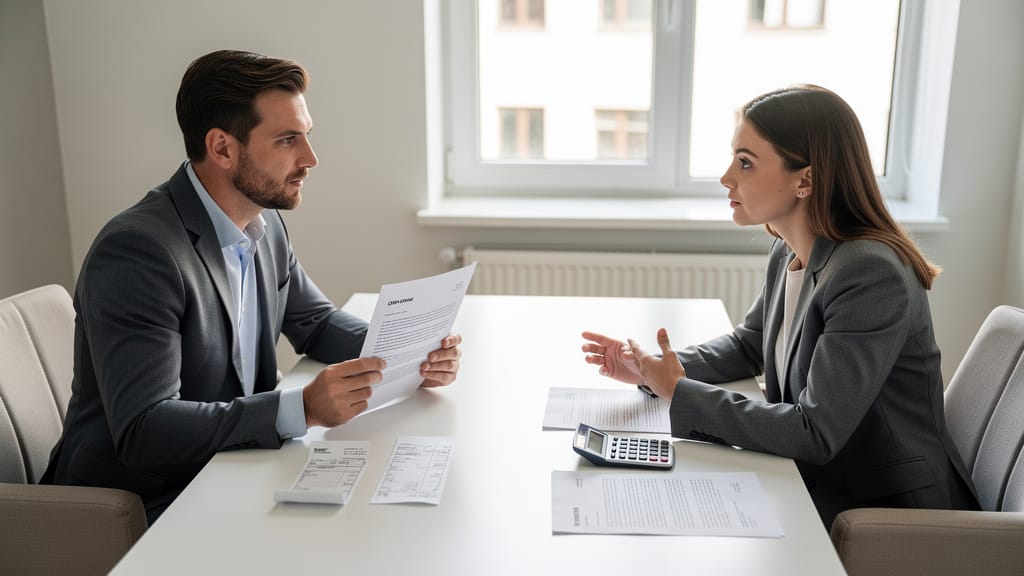 Négociation salariale avec offre, feuilles de paie et calculatrice
