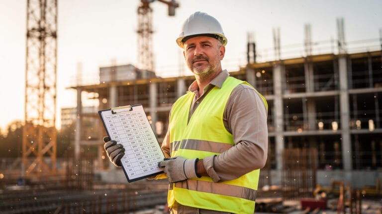 Maçon vérifiant son salaire de maçon sur chantier
