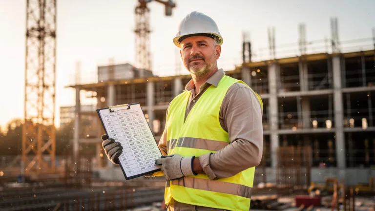 Maçon vérifiant son salaire de maçon sur chantier