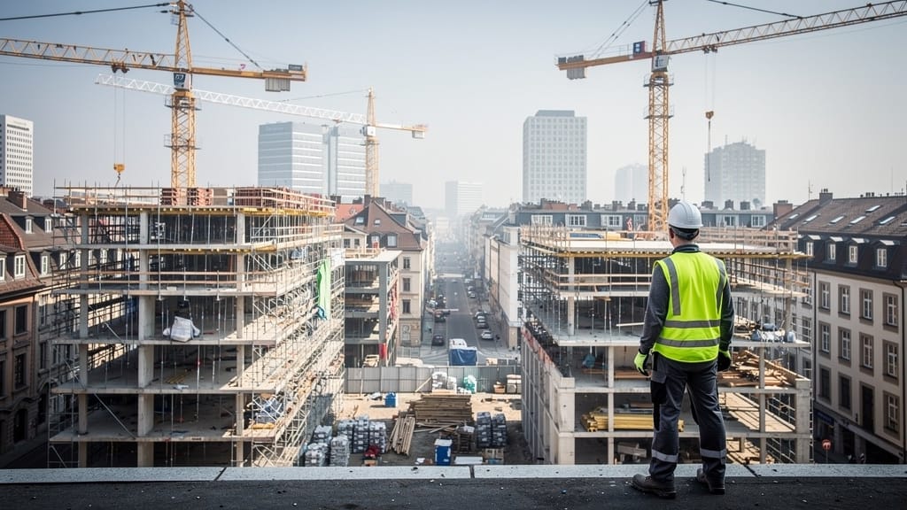 Maçon comparant salaires par région depuis un chantier