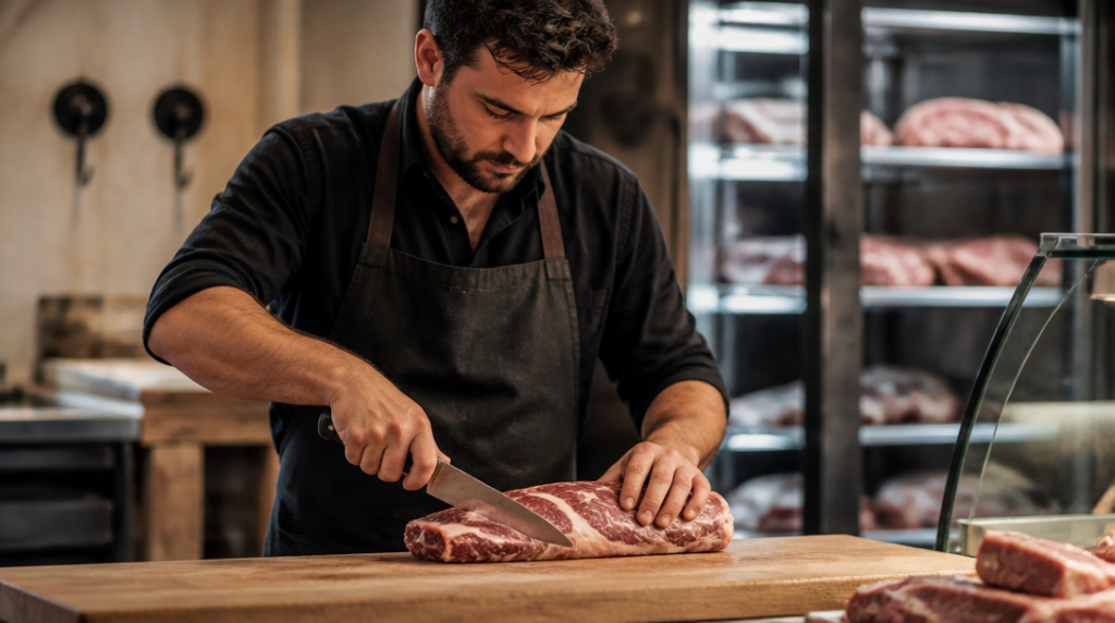 Boucher au travail en boucherie artisanale