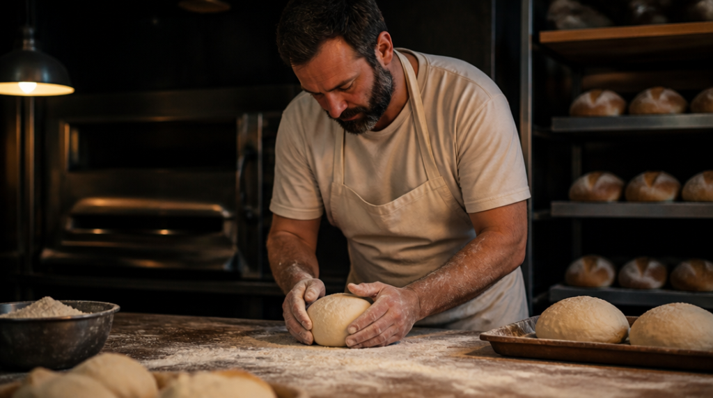 Boulanger façonnant du pain artisanal