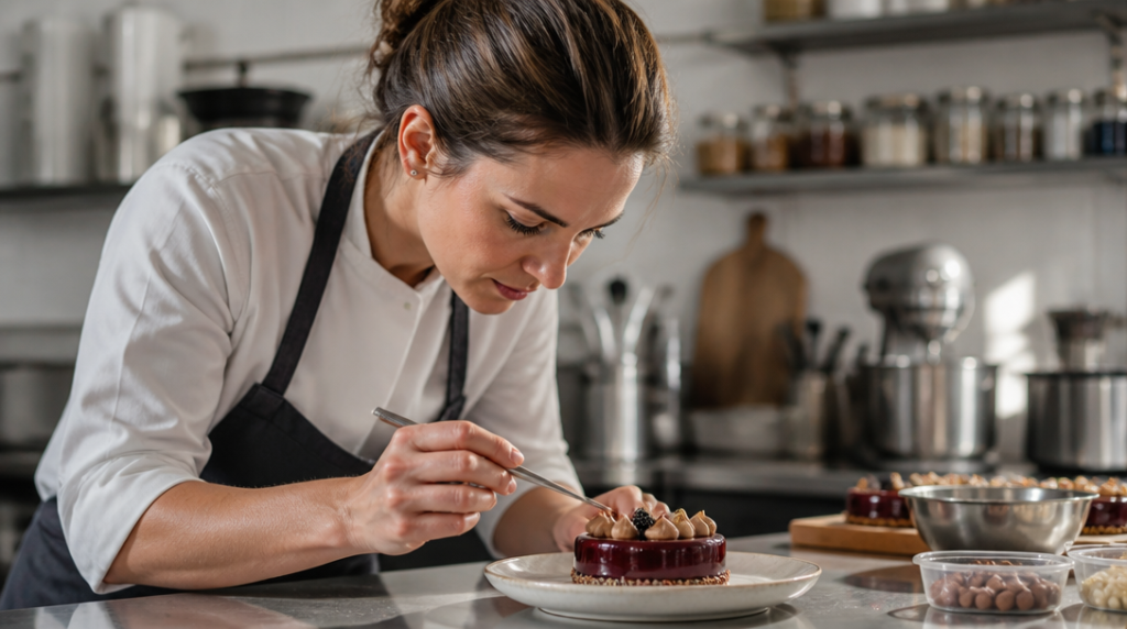 Chef pâtissier finalisant une création artisanale