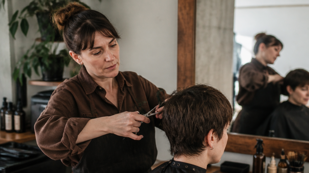 Coiffeur en salon pendant une coupe