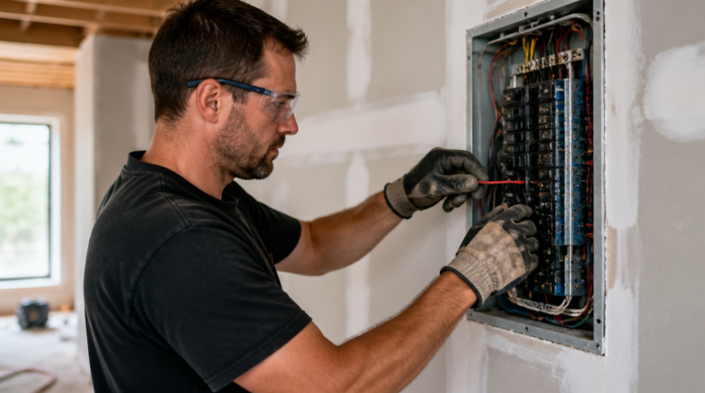 Électricien réalisant une installation électrique sécurisée