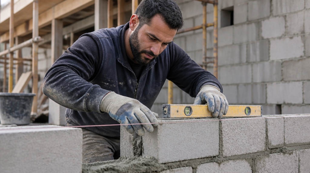 Maçon réalisant un mur de gros œuvre