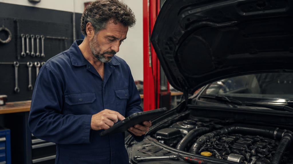 Mécanicien automobile effectuant un diagnostic