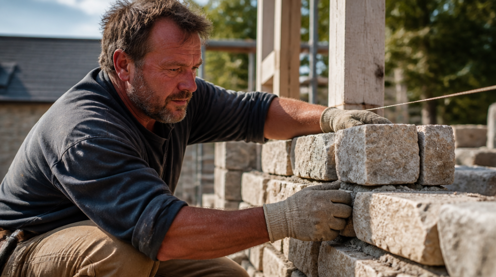 Maçon au travail sur un chantier de construction