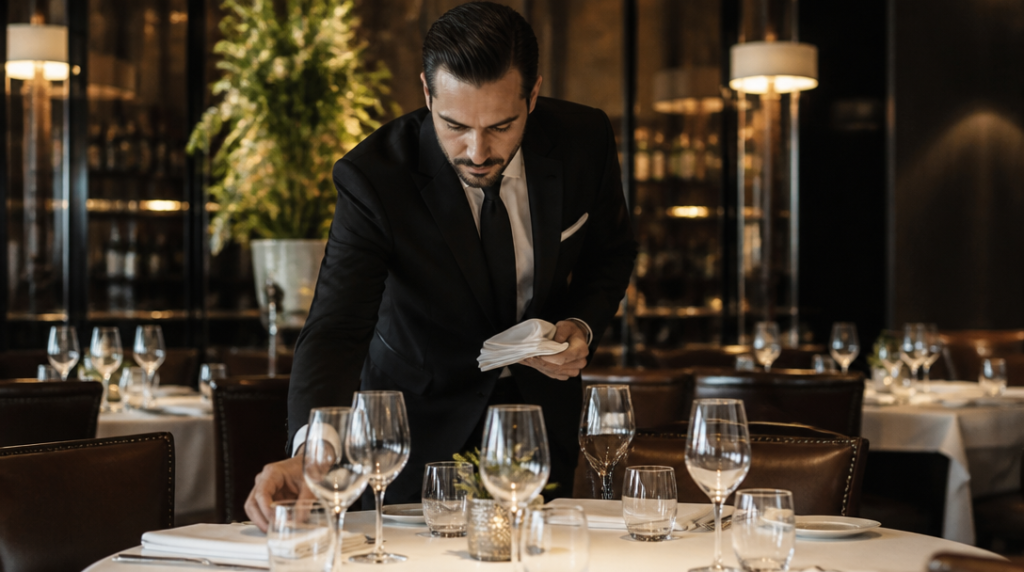 Maître d'hôtel préparant une table en restauration
