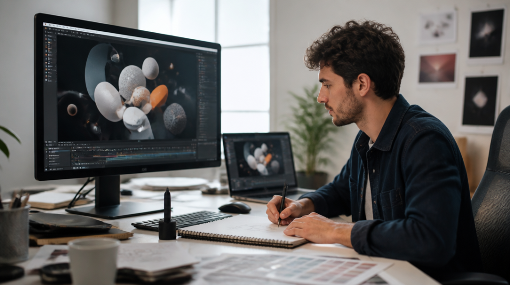 Motion designer travaillant sur une création numérique