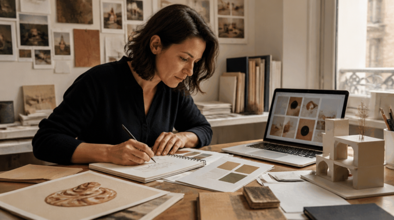 Professionnelle explorant un métier créatif sur un moodboard