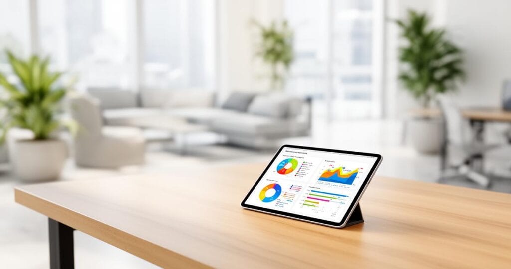 Tablette affichant un dashboard analytics coloré sur bureau en bois