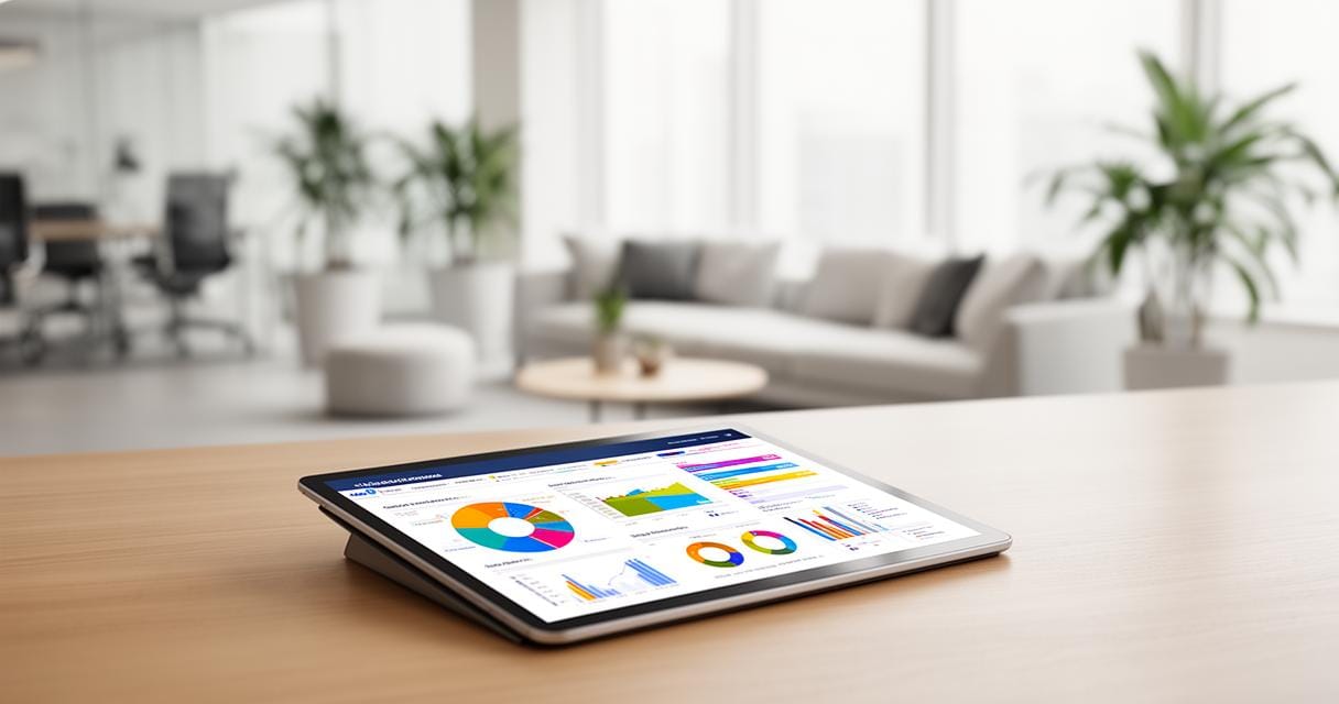 Tablette affichant un tableau de bord SIRH coloré dans un bureau lumineux