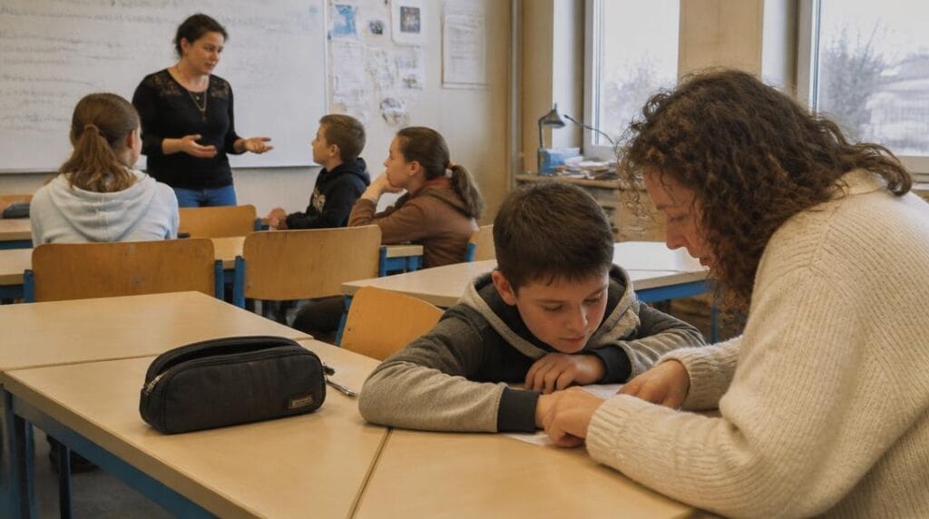 Enseignant et AESH dans une classe inclusive