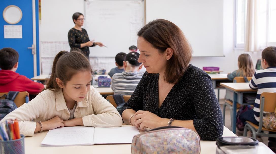 AESH accompagnant un élève pendant un cours